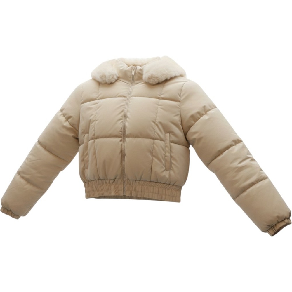 Haute Monde Womens L Puffer Jacket Cream Faux Fur Trim Cropped HMJ21383